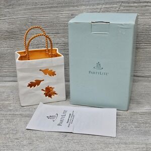PartyLite Ceramic Paper Bag Tealight Holder White Orange Oak Leaves Fall Decor